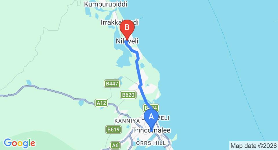 Driving route map: Trincomalee to Nilaveli (13 km, approx 21 min private transfer)