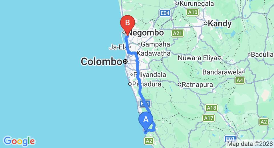 Driving route map: Ambalangoda to Colombo Airport (CMB) (129 km, approx 1 h 53 min private transfer)