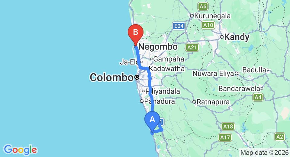 Driving route map: Bentota to Negombo (110 km, approx 1 h 44 min private transfer)