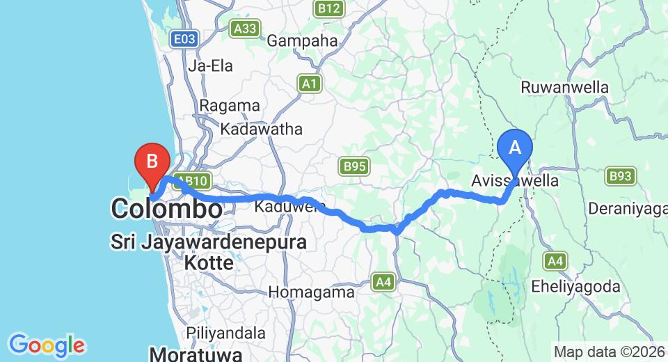 Driving route map: Avissawella to Colombo Seaport (49 km, approx 1 h 37 min private transfer)