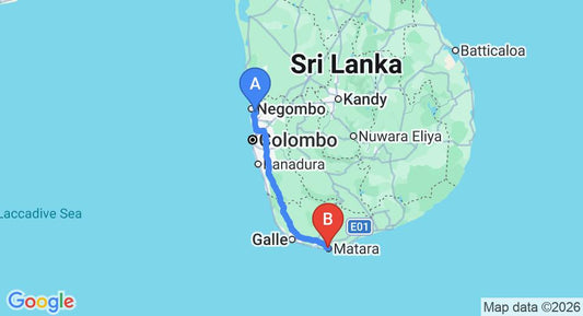 Driving route map: Colombo Airport (CMB) to Wickremaratne Home Stay, Matara (182 km, approx 2 h 28 min private transfer)