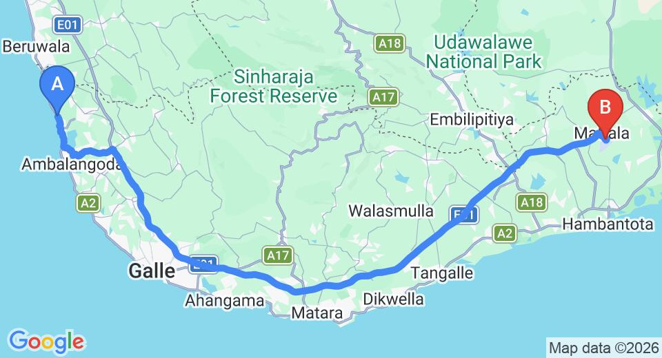 Driving route map: Kosgoda to Mattala (HRI) Airport (159 km, approx 2 h 14 min private transfer)