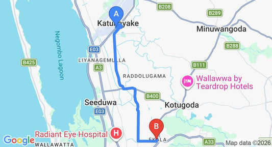 Driving route map: Colombo Airport (CMB) to Ekala (11 km, approx 26 min private transfer)