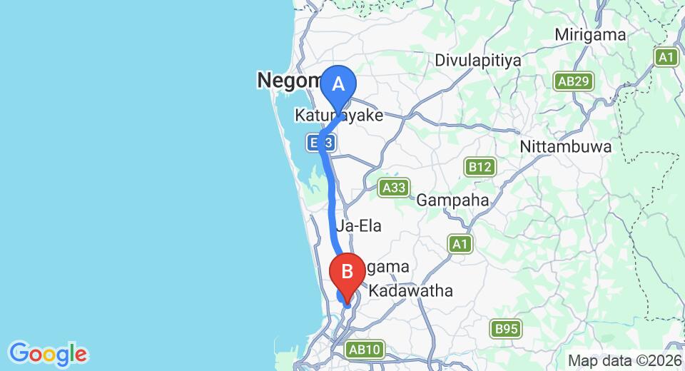 Driving route map: Colombo Airport (CMB) to Wattala (25 km, approx 34 min private transfer)