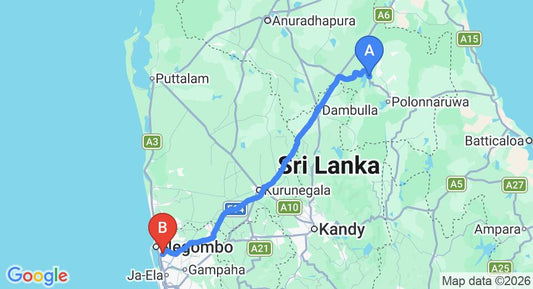 Driving route map: Minneriya to Colombo Airport (CMB) (176 km, approx 3 h 43 min private transfer)