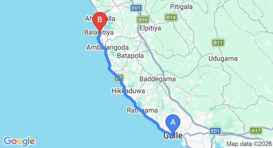 Driving route map: Galle to Balapitiya (38 km, approx 1 h 4 min private transfer)