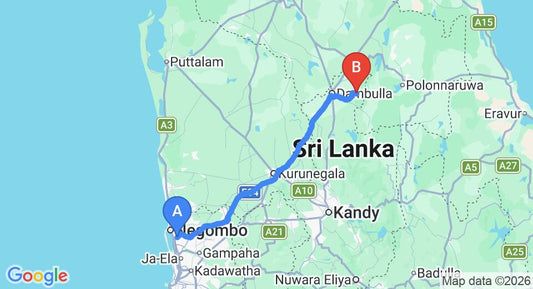 Driving route map: Colombo Airport (CMB) to Cinnamon Valley Bungalow Sinharaja, Sinharaja (146 km, approx 3 h 14 min private transfer)