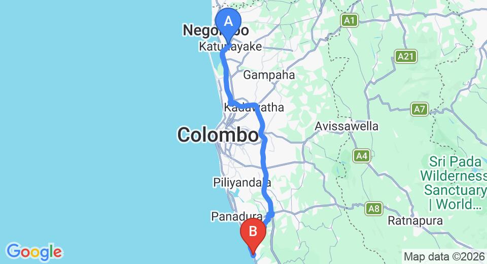 Driving route map: Colombo Airport (CMB) to Ritz Gate Kalutara, Kalutara (81 km, approx 1 h 26 min private transfer)