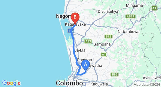 Driving route map: Kiribathgoda to Colombo Airport (CMB) (29 km, approx 32 min private transfer)