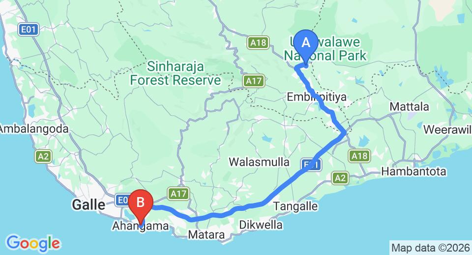 Driving route map: Udawalawe to Ahangama (112 km, approx 1 h 55 min private transfer)