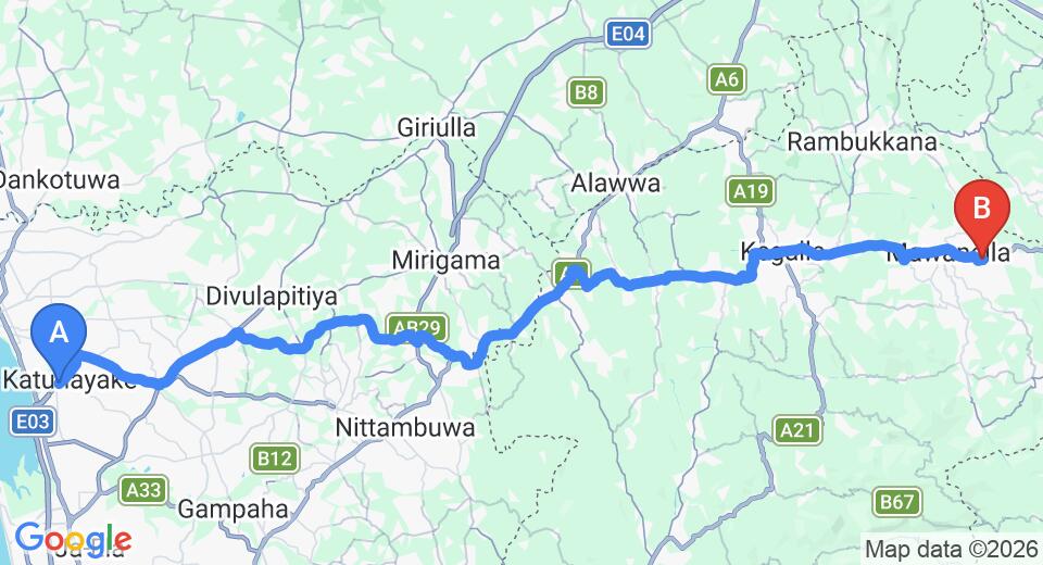 Driving route map: Colombo Airport (CMB) to Hingula (81 km, approx 2 h 17 min private transfer)