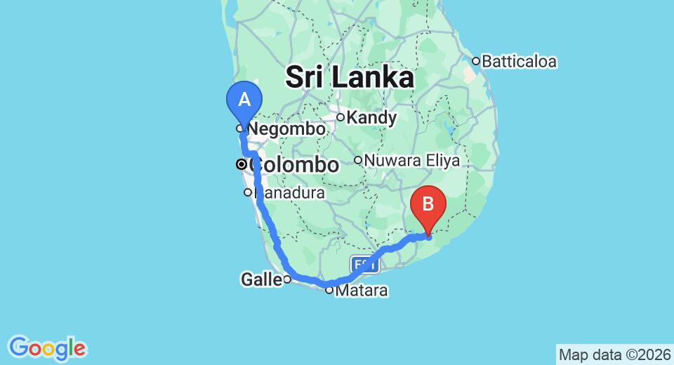 Driving route map: Colombo Airport (CMB) to Magampura Eco Village Resort, Tissamaharama (283 km, approx 3 h 44 min private transfer)