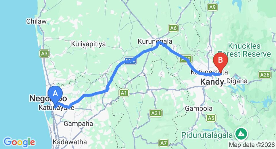 Driving route map: Colombo Airport (CMB) to Madawala (116 km, approx 2 h 53 min private transfer)