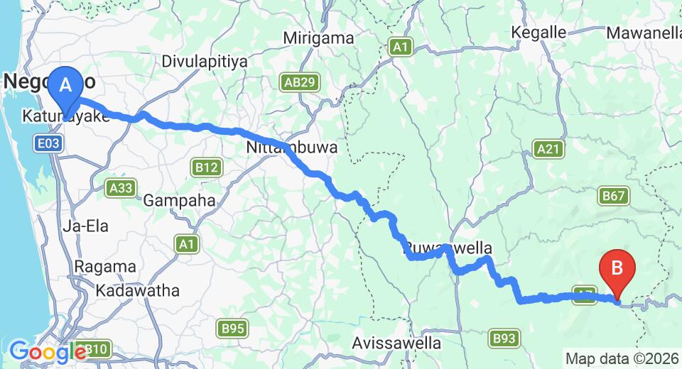 Driving route map: Colombo Airport (CMB) to The Plantation Hotel, Kitulgala (82 km, approx 2 h 27 min private transfer)