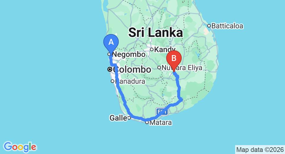 Driving route map: Colombo Airport (CMB) to Morning Dew Hotel, Ella (336 km, approx 4 h 59 min private transfer)