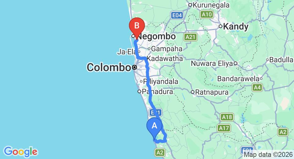 Driving route map: Balapitiya to Colombo Airport (CMB) (129 km, approx 1 h 52 min private transfer)