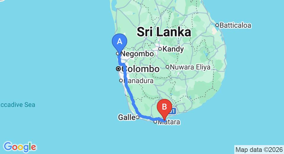 Driving route map: Colombo Airport (CMB) to Nilwella (204 km, approx 3 h 1 min private transfer)