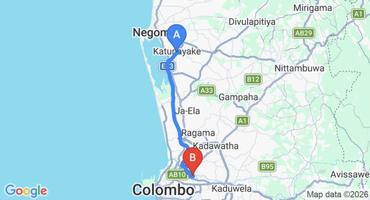 Driving route map: Colombo Airport (CMB) to Kelaniya (30 km, approx 36 min private transfer)