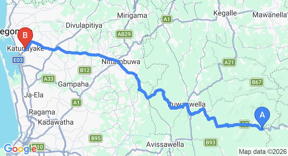 Driving route map: Kitulgala to Colombo Airport (CMB) (86 km, approx 2 h 33 min private transfer)