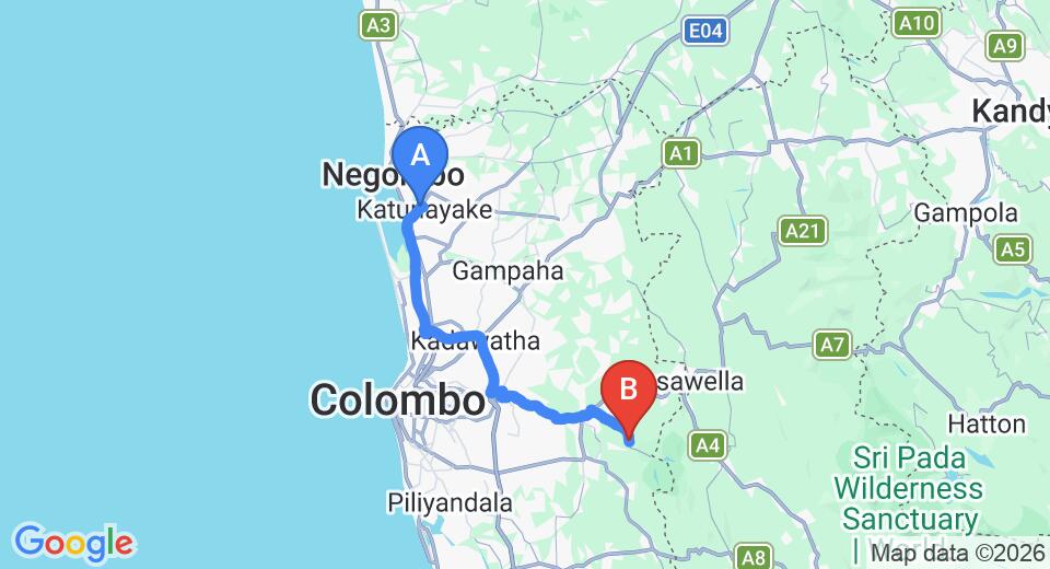 Driving route map: Colombo Airport (CMB) to Waga (62 km, approx 1 h 24 min private transfer)