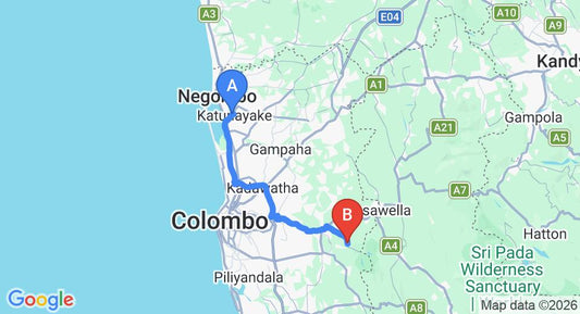 Driving route map: Colombo Airport (CMB) to Waga (62 km, approx 1 h 24 min private transfer)