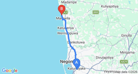Driving route map: Colombo Airport (CMB) to Olenka Sunside Beach, Marawila (35 km, approx 1 h 5 min private transfer)