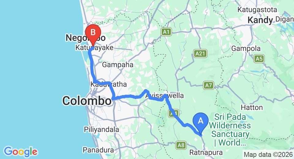 Driving route map: Kuruwita to Colombo Airport (CMB) (98 km, approx 2 h 22 min private transfer)