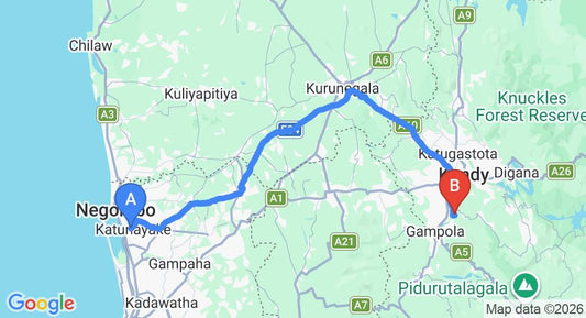 Driving route map: Colombo Airport (CMB) to Hotel The Wild Nillamba, Kandy (122 km, approx 3 h 7 min private transfer)