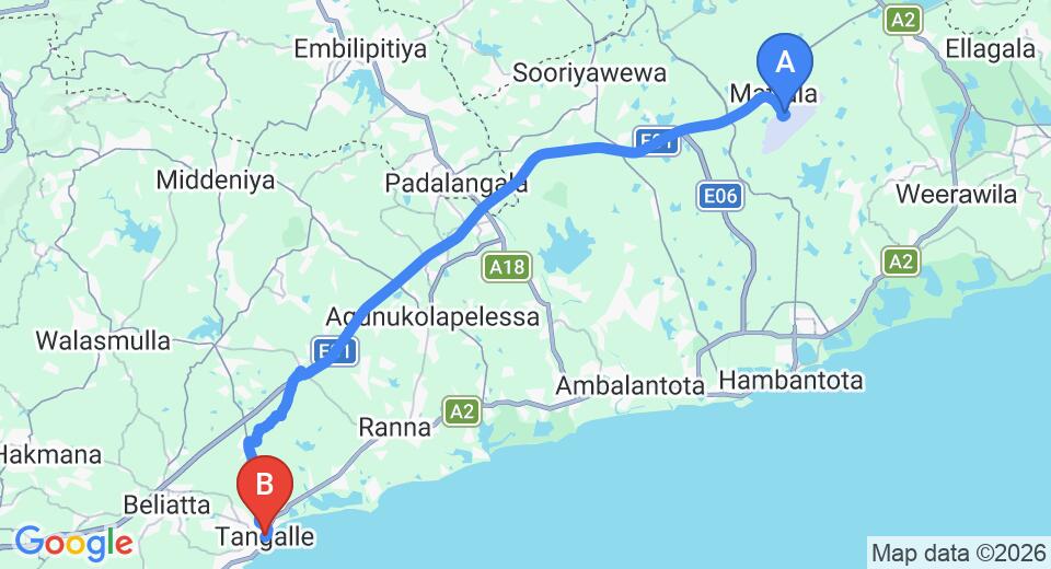 Driving route map: Mattala (HRI) Airport to Tangalle (56 km, approx 55 min private transfer)
