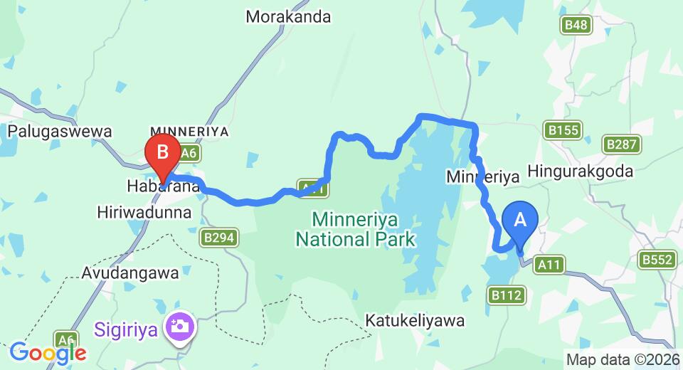 Driving route map: Giritale to Habarana (31 km, approx 37 min private transfer)