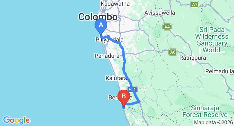 Driving route map: Ratmalana (RML) Airport to Bentota (68 km, approx 1 h 22 min private transfer)