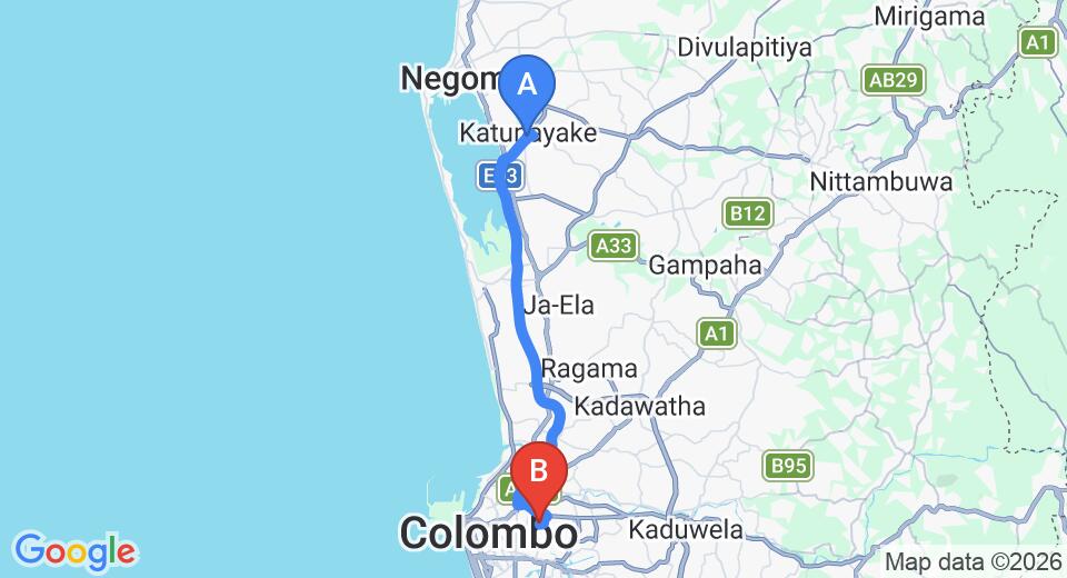 Driving route map: Colombo Airport (CMB) to Kolonnawa (32 km, approx 37 min private transfer)