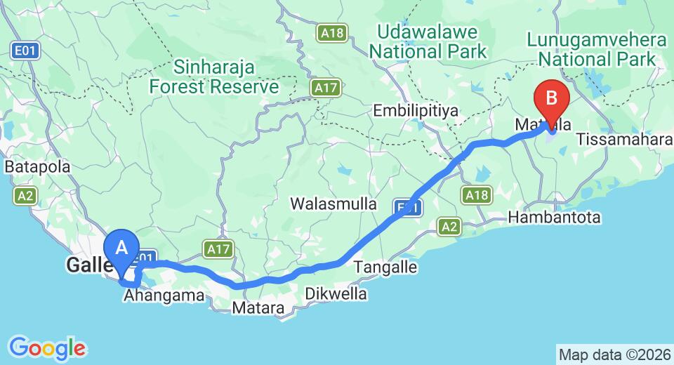 Driving route map: Talpe to Mattala (HRI) Airport (113 km, approx 1 h 39 min private transfer)
