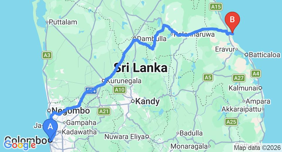 Driving route map: Colombo to Pasikuda (298 km, approx 6 h 2 min private transfer)