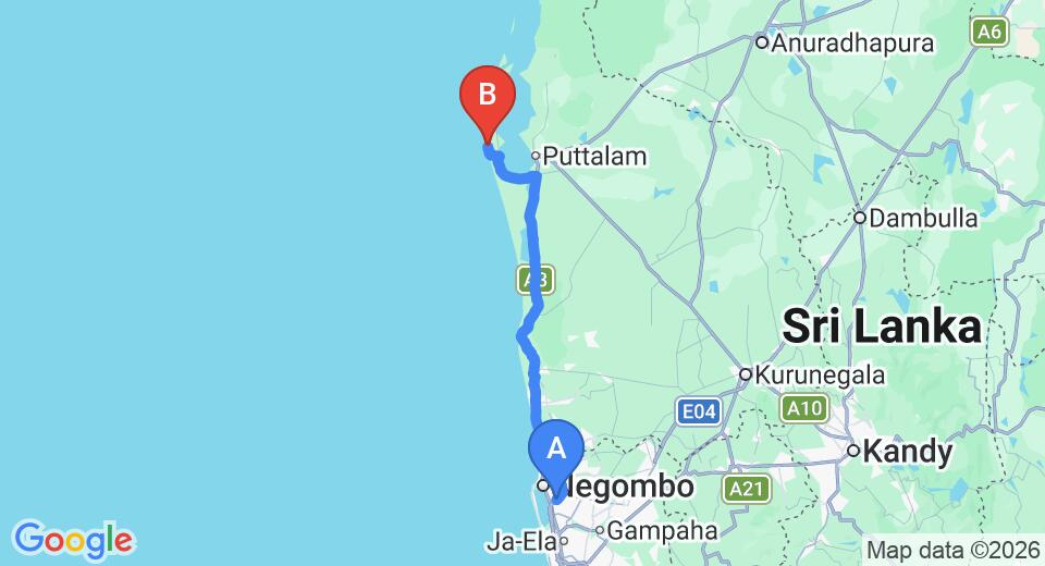 Driving route map: Colombo Airport (CMB) to Bar Reef Resort, Kalpitiya (120 km, approx 2 h 55 min private transfer)