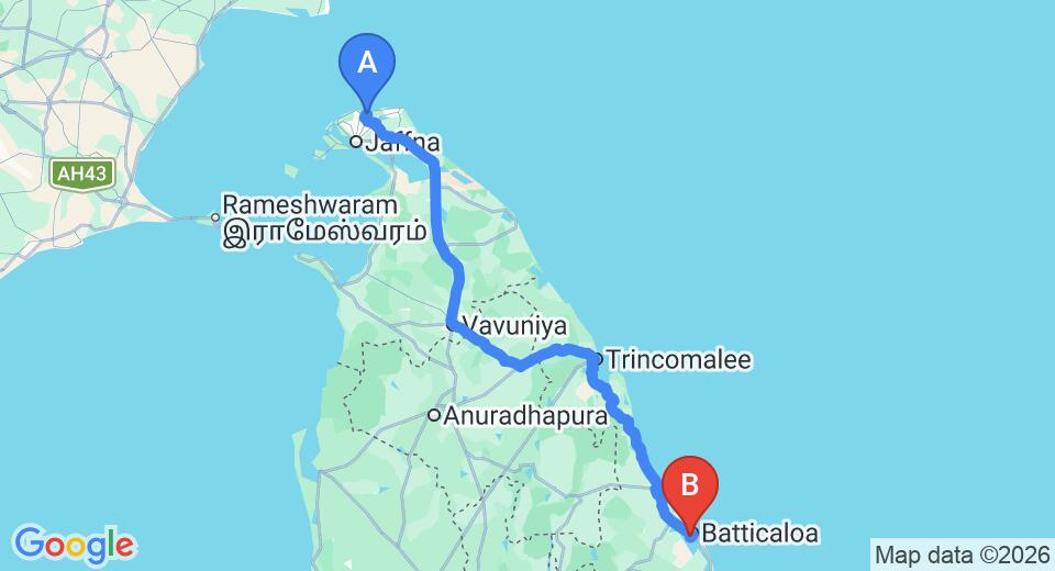 Driving route map: Jaffna (JAF) Airport to Batticaloa (BTC) Airport (377 km, approx 7 h 13 min private transfer)