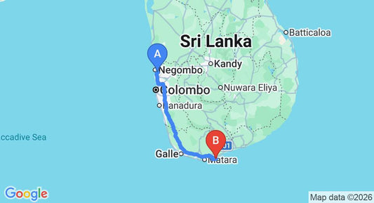 Driving route map: Colombo Airport (CMB) to Salt House, Dikwella (201 km, approx 2 h 55 min private transfer)