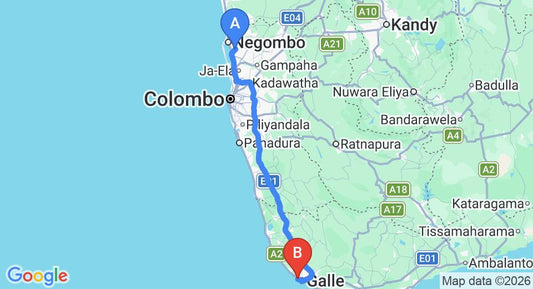 Driving route map: Colombo Airport (CMB) to Jetwing Lighthouse, Galle (155 km, approx 2 h 16 min private transfer)