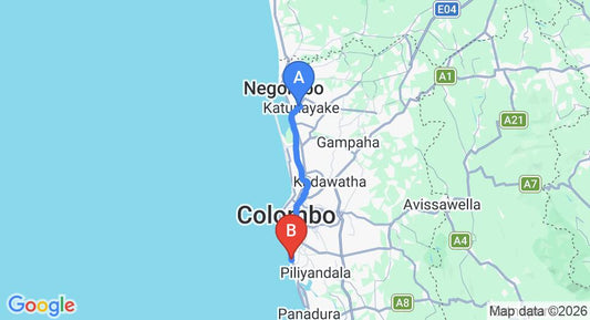 Driving route map: Colombo Airport (CMB) to Sea Shells Enterprises, Mount Lavinia (43 km, approx 1 h 10 min private transfer)