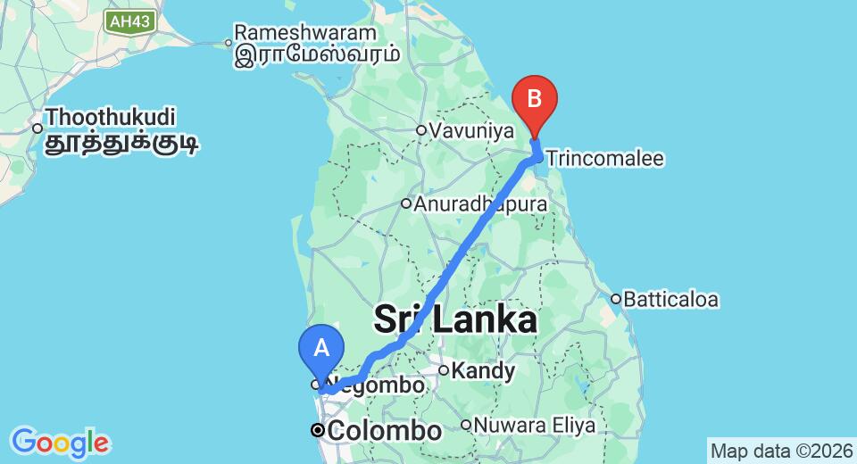Driving route map: Colombo Airport (CMB) to Nilaveli Sea View Beach Hotel, Trincomalee (248 km, approx 5 h 7 min private transfer)