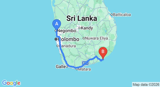 Driving route map: Colombo Airport (CMB) to Chena Huts By Uga Escapes - All Inclusive, Tissamaharama (301 km, approx 4 h 26 min private transfer)