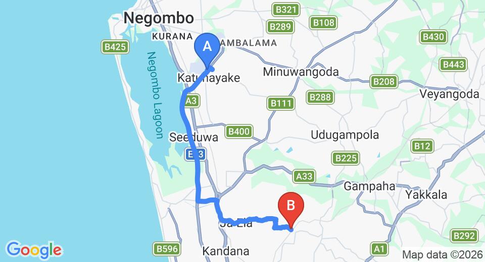 Driving route map: Colombo Airport (CMB) to Batuwatta (21 km, approx 36 min private transfer)