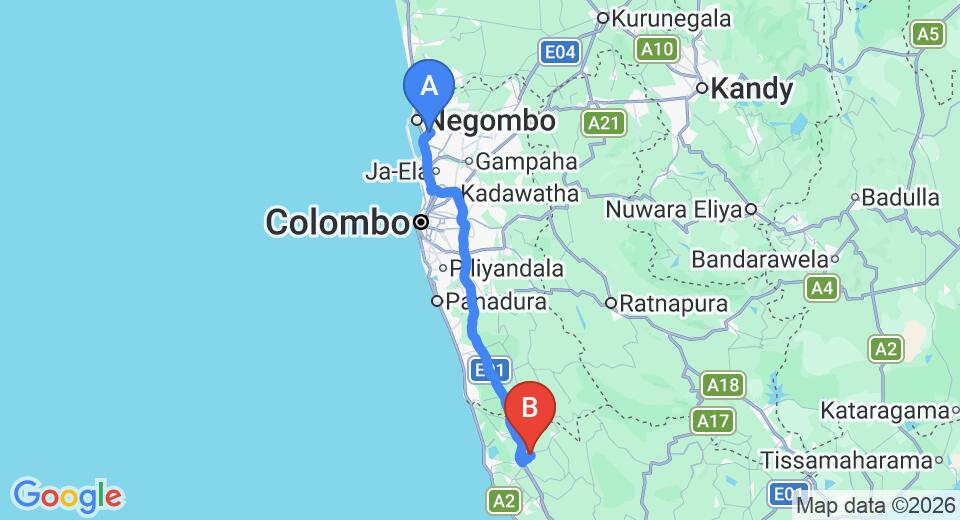 Driving route map: Colombo Airport (CMB) to Elpitiya (121 km, approx 1 h 43 min private transfer)