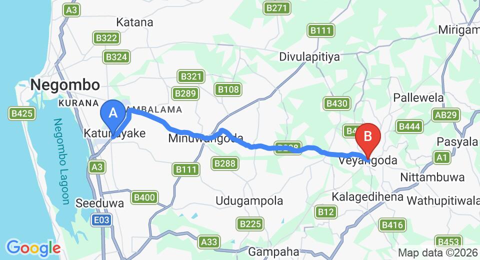 Driving route map: Colombo Airport (CMB) to Veyangoda (22 km, approx 44 min private transfer)