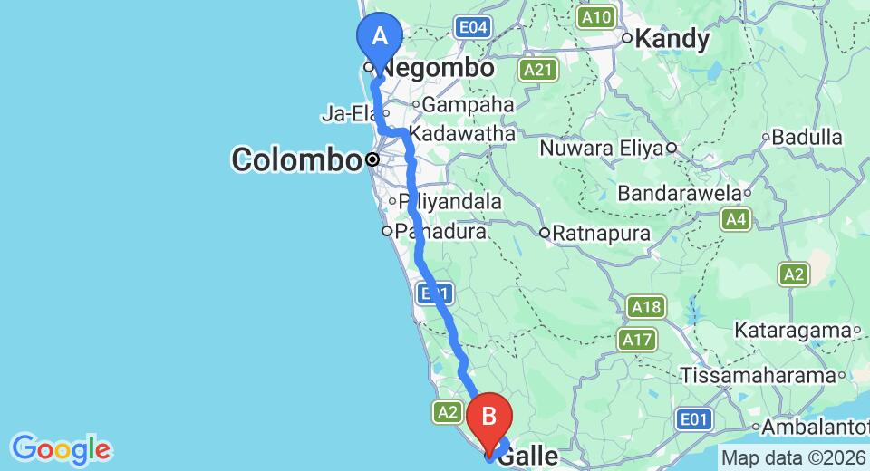 Driving route map: Colombo Airport (CMB) to Rampart View Guest House, Galle (153 km, approx 2 h 14 min private transfer)