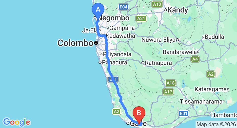 Driving route map: Colombo Airport (CMB) to Kahanda Kanda, Galle (162 km, approx 2 h 13 min private transfer)