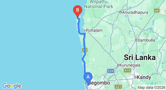 Driving route map: Colombo Airport (CMB) to Hiru Resort and Kite Surfing, Kalpitiya (139 km, approx 3 h 17 min private transfer)