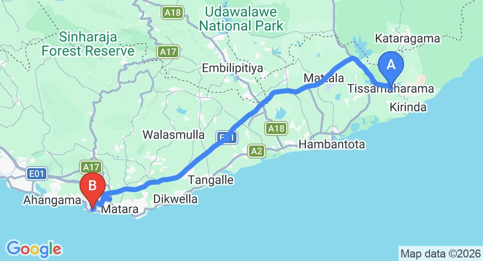 Driving route map: Tissamaharama to Mirissa (119 km, approx 1 h 56 min private transfer)