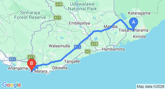 Driving route map: Tissamaharama to Mirissa (119 km, approx 1 h 56 min private transfer)