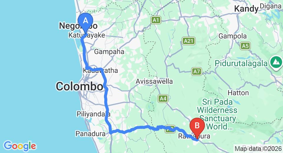Driving route map: Colombo Airport (CMB) to Ratnapura Rest House, Ratnapura (121 km, approx 2 h 38 min private transfer)